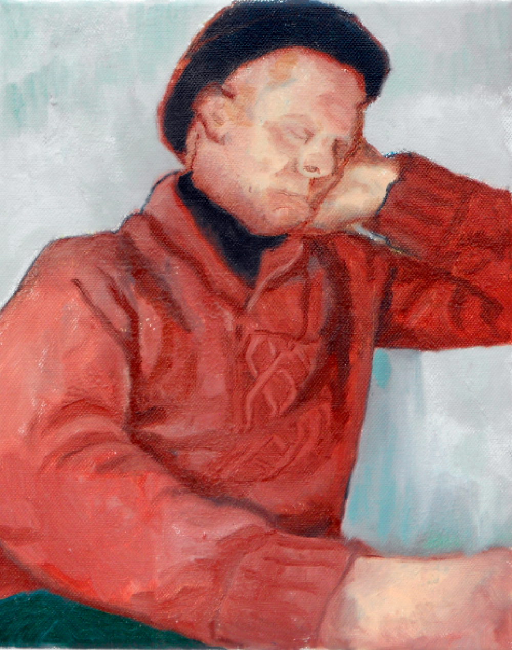 A man in a red sweater and a black hat is asleep, holding his head with one hand.