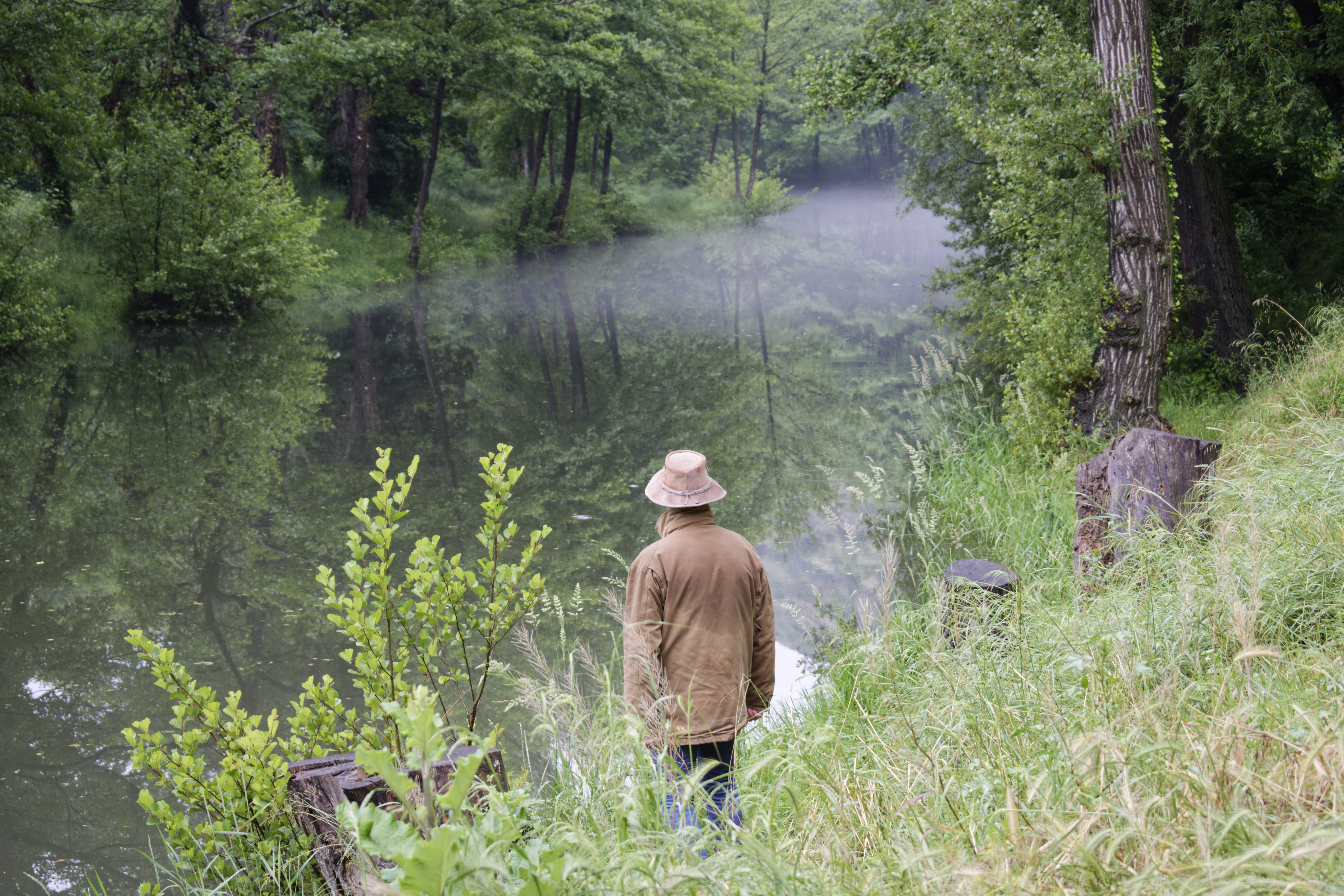 A man standing on his back facing a river in the forest