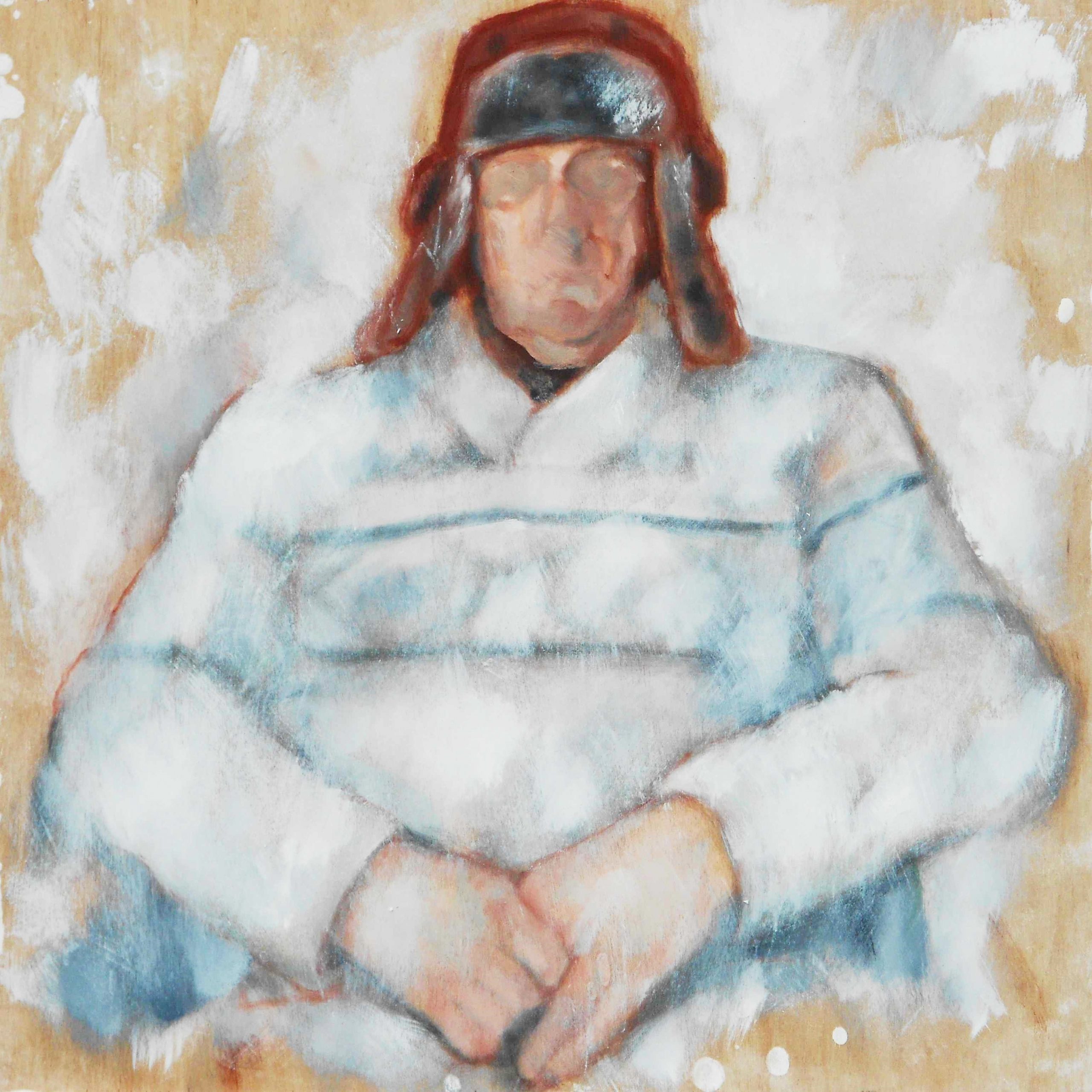 A faceless person sitting with a Russian hat.