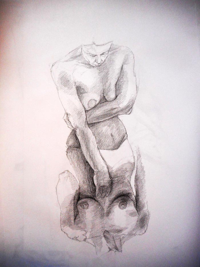 A woman's bare torso reflected below with her head bowed.