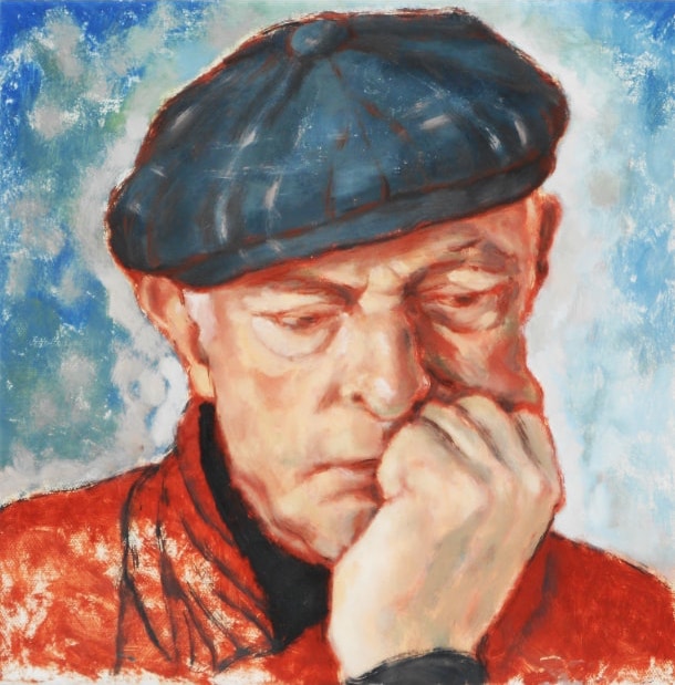 A pensive old man in a blue beret holds his head with his fist.